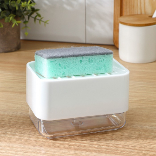 Дозатор для моющего средства с подставкой для губки Raccoon, губка в комплекте, цвет белый/9490477