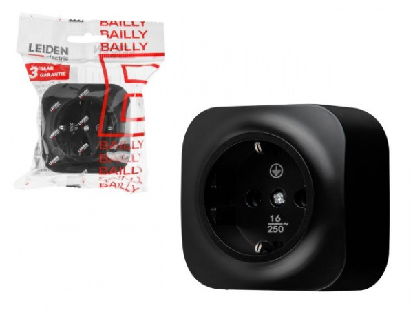 Розетка 1-ая (открытая, с/з) черная, Bailly, LEIDEN ELECTRIC (806014)