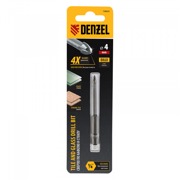 Сверло по керамической плитке 4 мм, крестовая пластина, шестигранный хвостовик// Denzel/728023