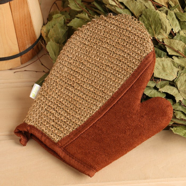 Мочалка из рами, варежка с хлопком, 18*21 см /2671365