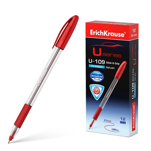 Ручка шар. ErichKrause U-109 Classic Stick&Grip, Ultra Glide Technology красная, 1.0мм 53744/