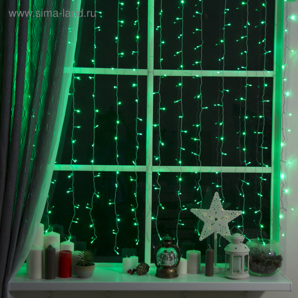 Гирлянда "Занавес", УМС вилка 2 х 1.5 м, LED-360-220V, 8 реж., нить прозрачн., свечен. зелён.1080465