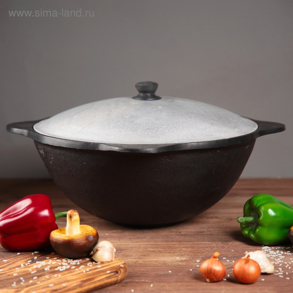 Казан чугунный 10 литров,плоское дно,алюминиевая крышка 3541373