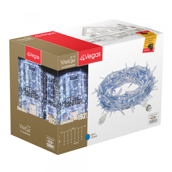 Электрогирлянда "Занавес" 192 синих LED 6 нитей, 1*4м/55026