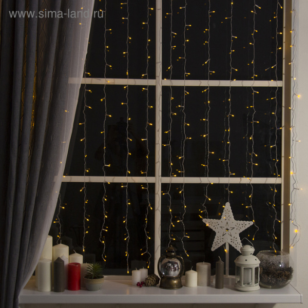 Гирлянда "Занавес" 2 х 1.5 м , IP20, прозрачная нить, 360 LED, свечение жёлтое, 8 режимов, 220 В