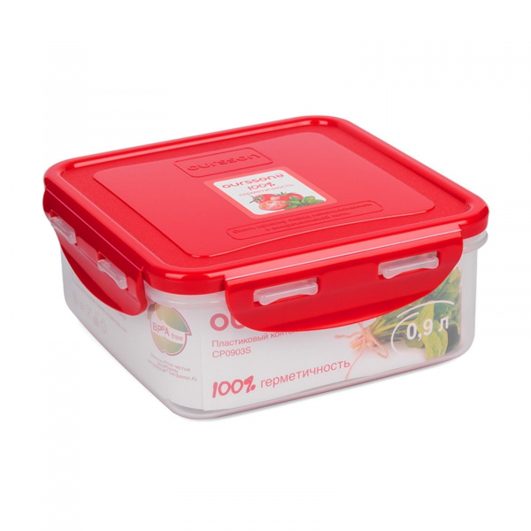 Пластиковый контейнер, красная крышка, 900 мл, квадратный /2564986