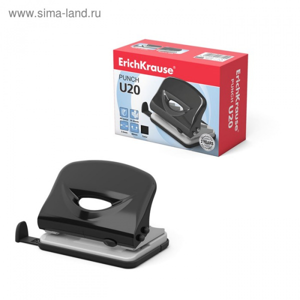 Дырокол ErichKrause U20, до 20 листов, диаметр прокола 6 мм, расстояние между проколами 80 мм, чёрны