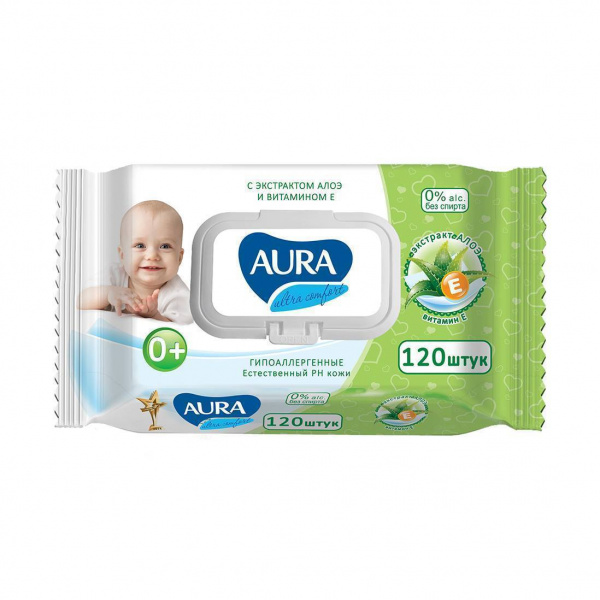 Влажные салфетки AURA Comfort для детей Алоэ с витамином 120шт. с крышкой