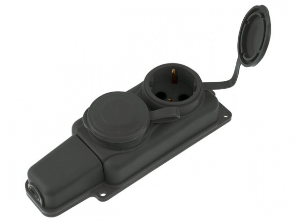 Розетка 2-ая переносная (с/з, 16А, 250В, брызг. защ.) каучук, черная, Юпитер (РП16-232)