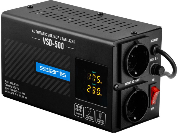Стабилизатор напряжения Solaris VSD-500 (500 В*А; 140-260 В; 2 розетки; настенный монтаж)/SL4510-1