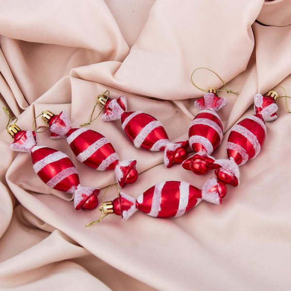 Украшение ёлочное "Конфетки полосатые" (набор 6 шт) 3,5х10,5 см, красно-белый /3562571