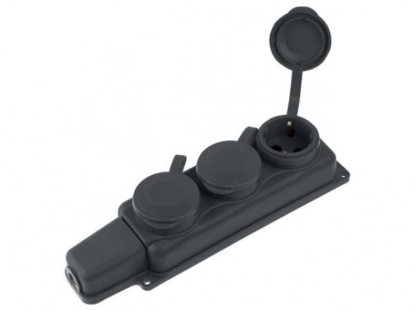 Розетка 3-ая переносная (с/з, 16А, 250В, брызг. защ.) каучук, черная, Юпитер (РП16-334) (JP7601-03)