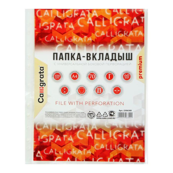 Файл - вкладыш Calligrata, А4, 60 мкм, плотный, глянцевый, вертикальный, 100 штук 2506300