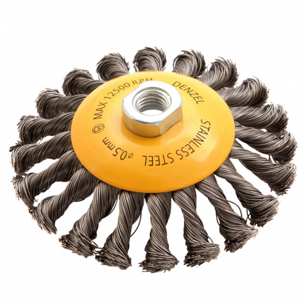 Щетка для УШМ, 125 мм, "Тарелка", крученая нержавеющая проволока 0.5 мм, М14 Denzel/746113