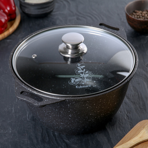 Кастрюля, 4 л, стеклянная крышка, антипригар. покрытие, цвет тёмный мрамор /4278864