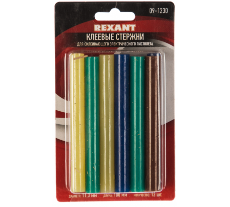 Стержни клеевые d=11,3 мм, L=100 мм, цветные (упак. 12 шт.)  09-1230