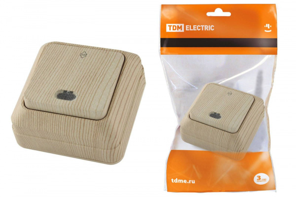 Переключатель на 2 направления 1-кл. открытой установки с подсветкой IP20 10А, сосна "Ладога 31709