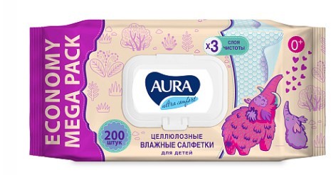 Aura ultra comfort влажные салфетки для детей 200шт с крышкой
