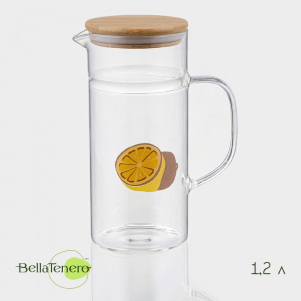 Кувшин для воды стек. мерный с бамбук. крышкой BellaTenero 1,2 л, 14,5×9,5×22 см /9227311