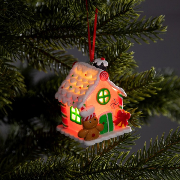 Ёлочная игрушка «Дом из конфет» 6 × 7.6 × 5.5 см, от батареек, свечение тёплое белое /9907592