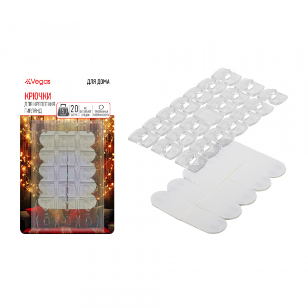 Крючки для крепления гирлянд, 20шт, блистер, размер 1.3см*1.8см, прозрачные, самоклеящиеся/55155