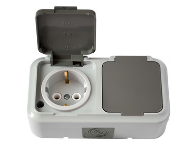 Розетка 2-ая (открытая, с/з, брызг. защ.) серая, Пралеска Аква