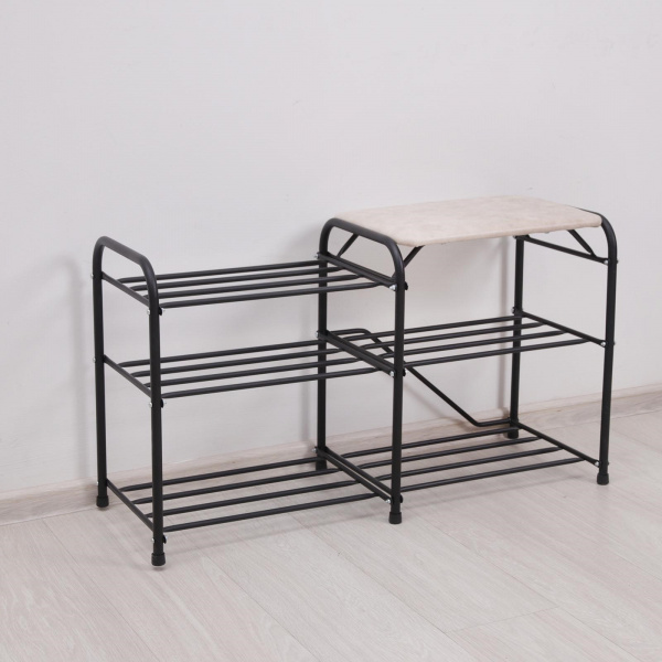 Подставка для обуви с сиденьем «Дубль», 3 полки, замша, цв. чёрный /5365640