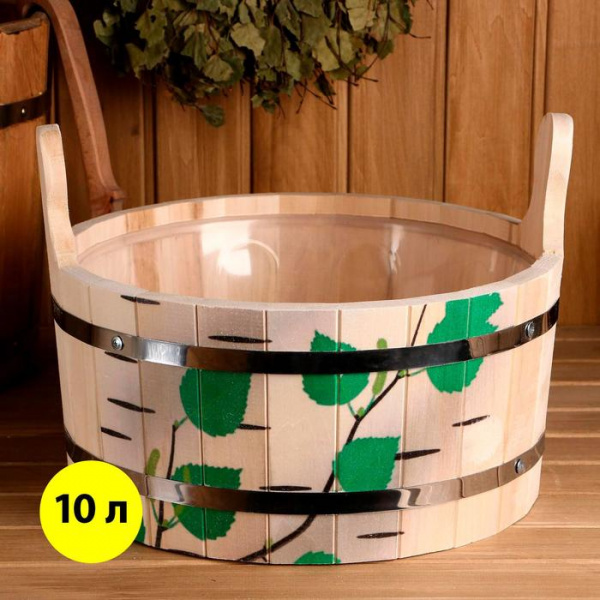 Шайка 10 л, пластиковая вставка, нержавеющий обод, с деревянной ручкой, "Берёзовый ствол"/5141102