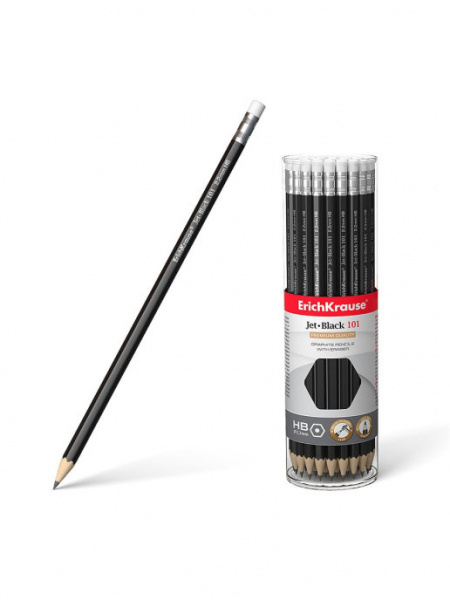 Карандаш чернографитный с ластиком Erich Krause Jet Black 101 HB, грифель d 2.2 мм, шестигранный,