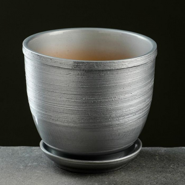 Горшок цветочный с поддоном 1,5л, серый кремика, "Серебро" /6912633