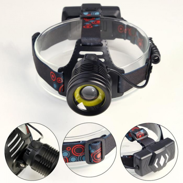 Фонарь налобный аккумуляторный 10 Вт, 2х1200 мАч, USB, T6, COB, zoom /6117049