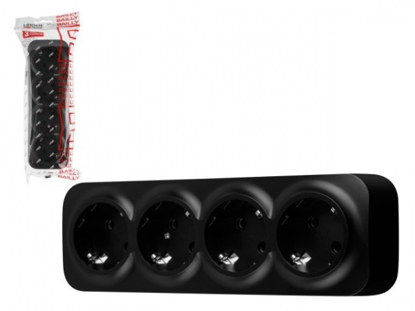Розетка 4-ая (открытая, с/з) черная, Bailly, LEIDEN ELECTRIC (806019)