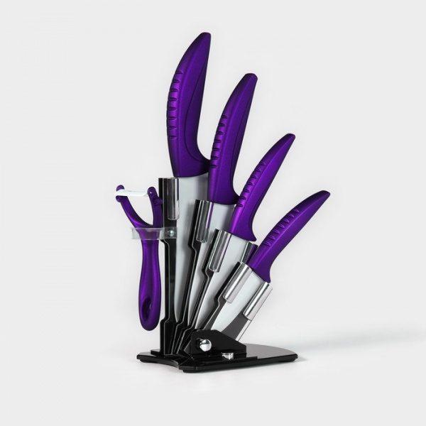 Набор кухонный «Изгиб», 5 предметов: ножи, овощечистка, на подставке, цв. фиолетовый /3035158