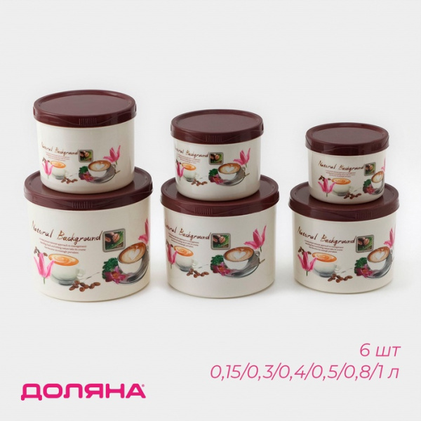 Контейнеры для хранения сыпучих Доляна, набор 6 шт.: 0.15 л, 0.3 л, 0.4 л, 0.5 л, 0.8 л, 1 л.