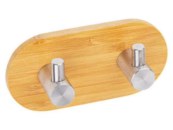 Планка самоклеящаяся 2 крючка VIRGO, нержавеющая сталь/бамбук, карт.уп., PERFECTO LINEA (35-012000)