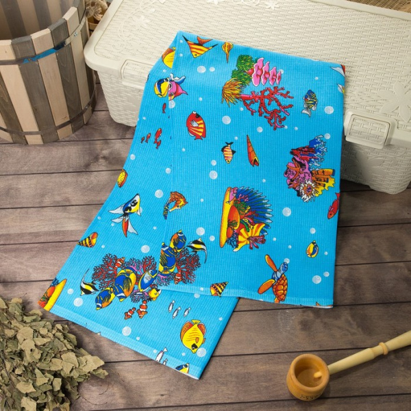 Полотенце вафельное банное Рыбки голубой 80х150 см, хлопок 100%/4420039