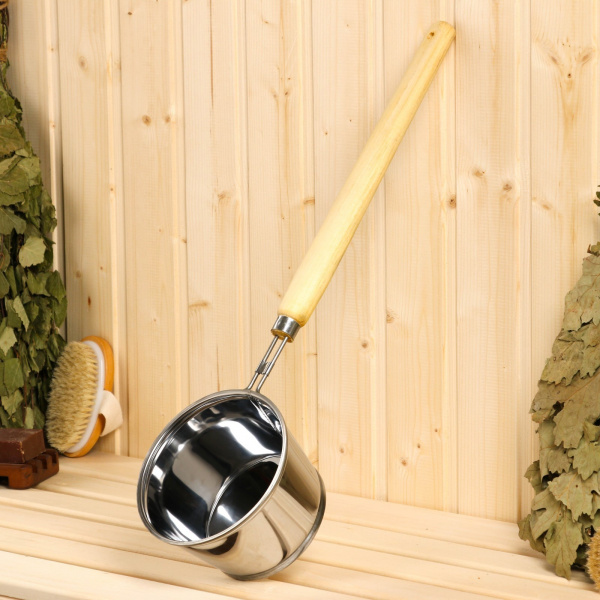Ковш для бани из нержавеющей стали, 1.2л, 56 см, с дер. руч. /780535