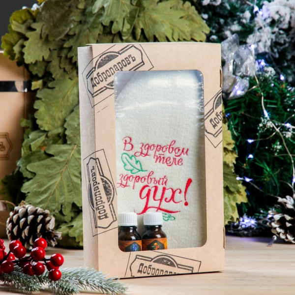 Набор для бани в коробке "В здоровом теле...." шапка масло апельсина и можевельника /3933571