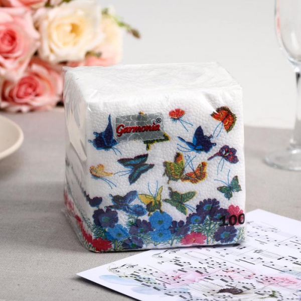 Салфетки бумажные ГАРМОНИЯ ЦВЕТА 100л Бабочки, Ромашки МИКС
