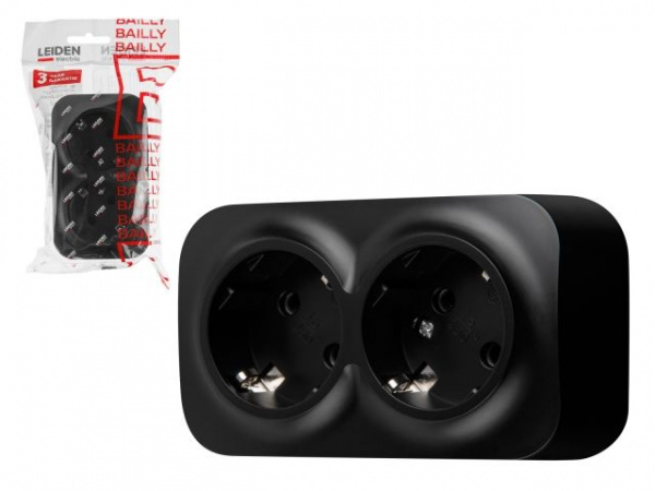 Розетка 2-ая (открытая, с/з) черная, Bailly, LEIDEN ELECTRIC (806015)
