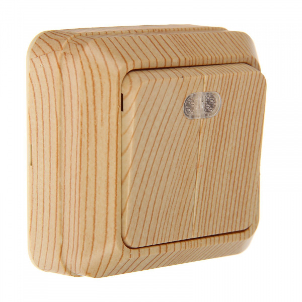 Выключатель TDM"Ладога", 10А, IP20, 2 клав., открытый, с подсветкой, цвет сосна