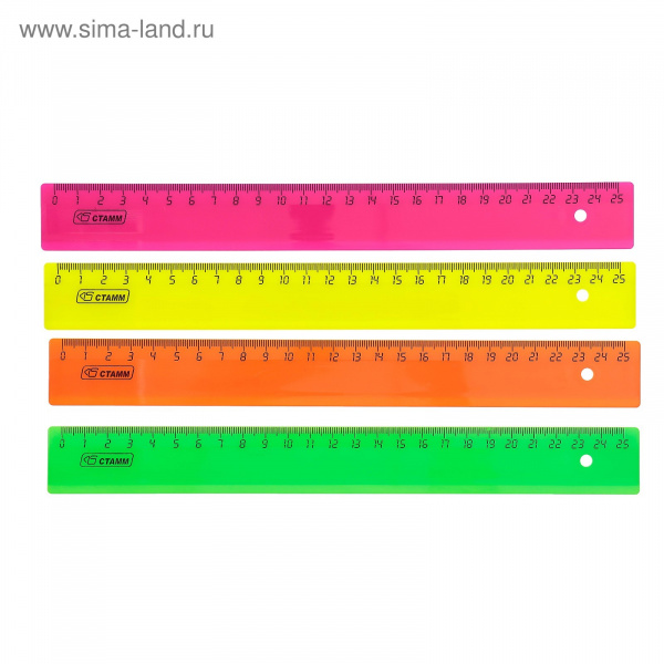 Линейка 25см флюоресцентная 4цв СТАММ