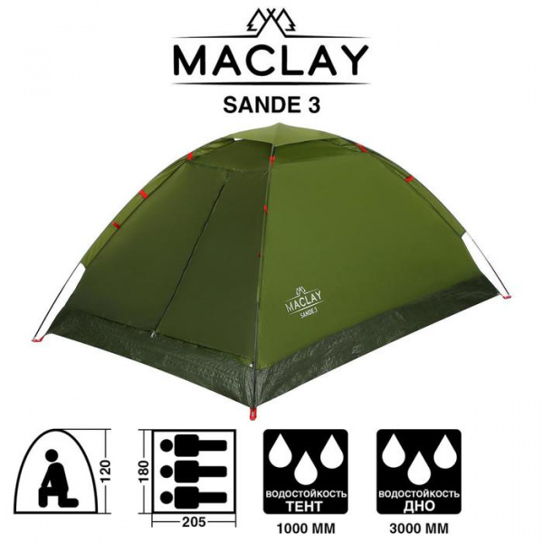 Палатка туристическая SANDE 3, размер 205 х 180 х 120 см, 3-местная /5385294
