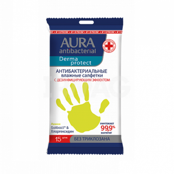 Влажные салфетки Aura Wet Wipes Антибактериальные Лимон (15 шт.)