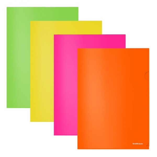 Папка-уголок А4, 180 мкм, ErichKrause Glossy Neon, прозрачная, микс /4672394