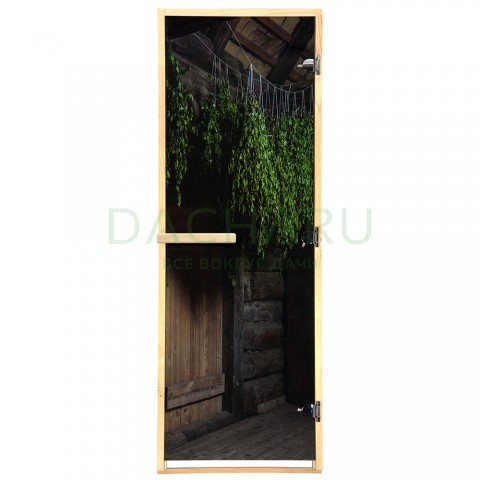 Дверь из стекла с фотопечатью «Веники» 1,9х0,7 м, 8 мм, коробка из хвойных пород дерева, 3 петли