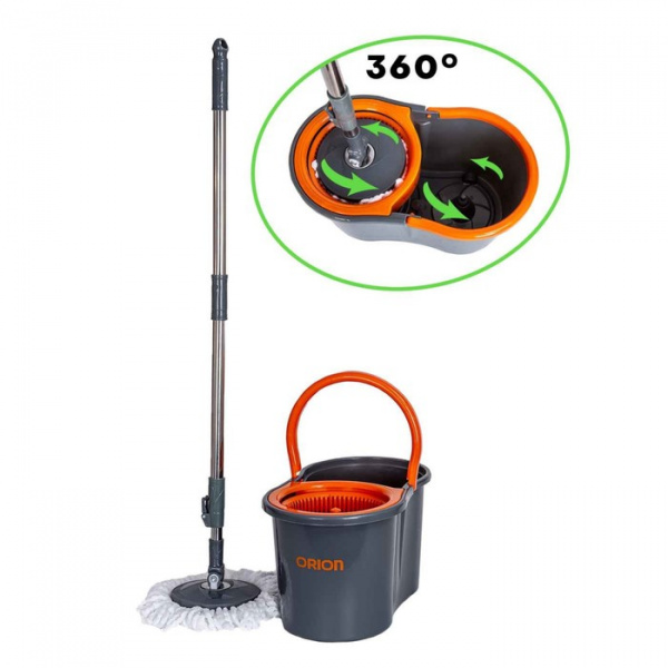 Набор для уборки ORION 2121: швабра, ведро, сменные насадки, 2 шт, 4 л, цвет серый-оранжевый/ 916132