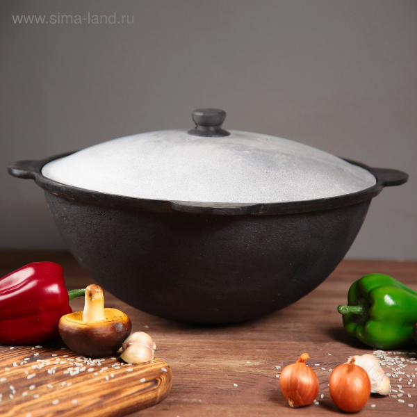 Казан чугунный, 10 л, круглое дно, алюминиевая крышка/3306523