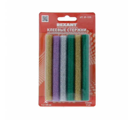 Стержни клеевые d=11,3 мм, L=100 мм, цветные с блестками (упак. 12 шт.) 09-1235