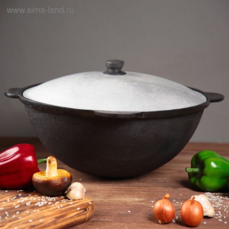 Казан чугунный, 10 л, круглое дно, алюминиевая крышка/3306523
